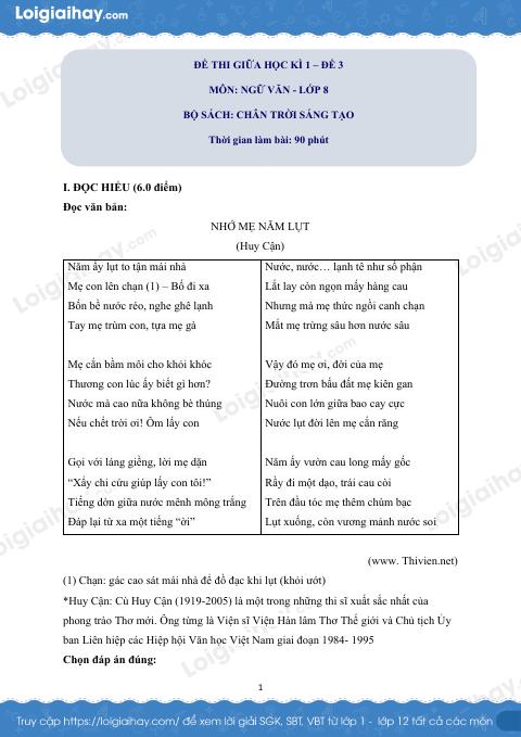 Đề thi giữa kì 1 Văn 8 Chân trời sáng tạo - Đề số 3